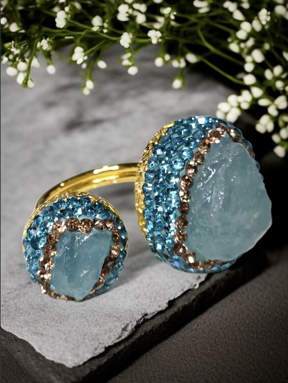 18k Gold Plated Rough Cut Natural Aquamarine Crystal Double Stone Ring